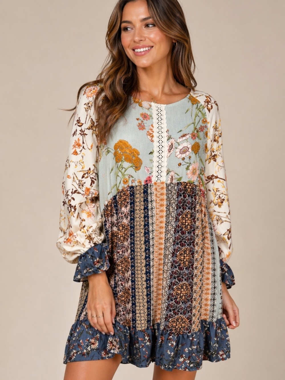 Umgee boho patchwork farm peasant country hippie cottage ruffle floral dress